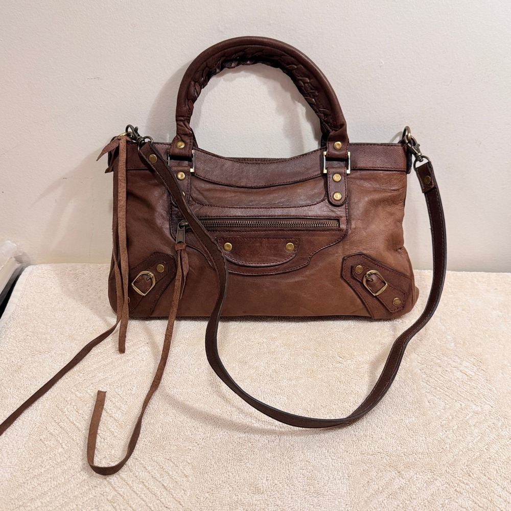 Carla Mancini Women's Brown Leather Motorcycle Satchel Crossbody Bag